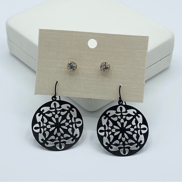 Bundle of Boho Cut Out Dangle Earrings and Crystalline Stud Earrings Black/Gold - Picture 2 of 4
